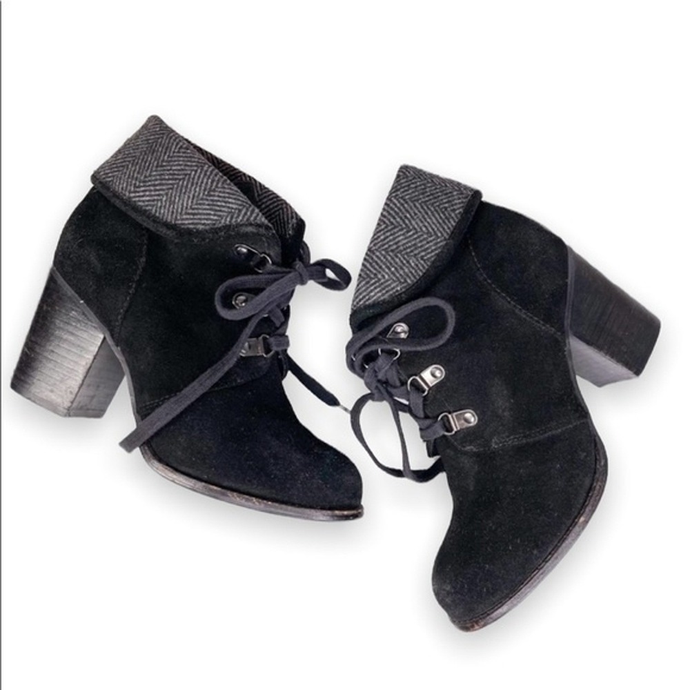 Splendid Black Suede Lace Up Ankle Boots Herringbone Trim Block Heel 6M Academia